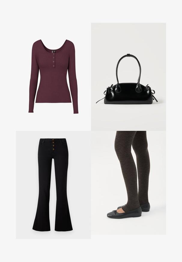 Bordeaux ribbet langærmet top med en rund halsudskæring og tre knapdetaljer ved brystet. Lavet af struktureret strikmateriale.; Sorte flared jeans med høj talje og femknapslukning. Fremstillet af denim med en glat tekstur og let stræk for komfort.; Ben iført mørke ribbede leggings kombineret med sorte balletsko med små sløjfedetaljer på hvid baggrund.; Lille sort blank håndtaske med to lange håndtag og snøre-detaljer i siden på en ensfarvet lys baggrund.