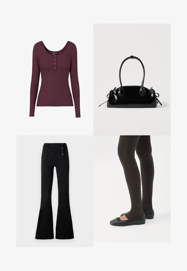 Top de manga larga de canalé burdeos con escote en forma de barco y detalle de tres botones en el pecho. Hecho de material de punto texturizado.; Pantalones acampanados negros de mezclilla con una cintura alta, que presentan cuatro botones decorativos en la parte delantera y una textura suave.; Piernas con leggings oscuros acanalados combinados con bailarinas negras que presentan pequeños detalles de lazo sobre un fondo blanco.; Pequeño bolso negro brillante con dos asas largas y detalles de cordón lateral sobre un fondo claro liso.
