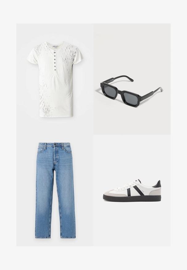 Witte T-shirt met korte mouwen met een gestructureerd slangenhuidpatroon en een knoopsluiting met donkergrijze knopen in het midden.; Lichtblauwe denim jeans met een recht beenontwerp, voorzien van een knoop- en ritsluiting, vijf zakken en subtiele vervaging.; Witte sneaker met zwarte en grijze accenten, voorzien van een grijze neus met textuur, zwarte rubberen zool en platte witte veters. Schoon ontwerp, minimalistische stijl.; Zwarte rechthoekige zonnebril met dikke monturen en donker getinte glazen, schuin geplaatst op een witte achtergrond.