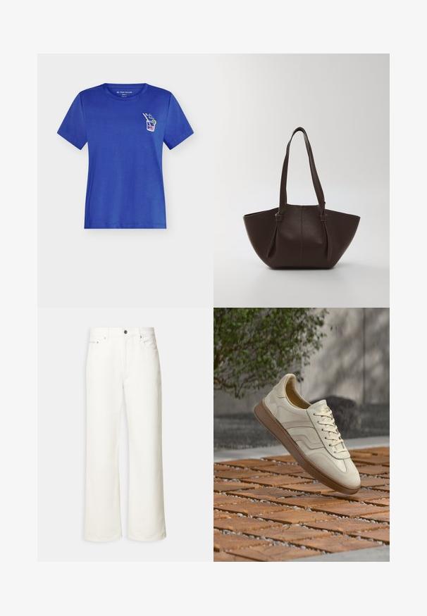 T-shirt bleu à manches courtes et col rond, avec un petit motif de cocktail et le texte "Bella Italia" sur la poitrine gauche.; Jean blanc à jambes larges avec boutons à l'avant, passants de ceinture et design à cinq poches.; Baskets couleur crème avec une semelle extérieure en caoutchouc beige texturée, un design à lacets et un marquage subtil sur le côté. Tige en cuir lisse.; Sac fourre-tout en cuir brun avec une finition texturée, grande ouverture et doubles anses arrondies ; design minimaliste sans quincaillerie visible.