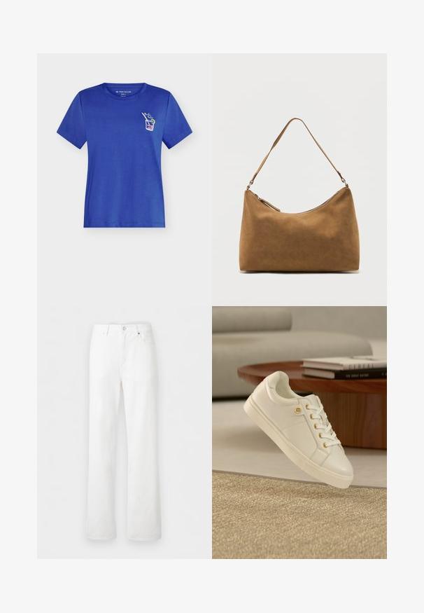 T-shirt bleu à manches courtes et col rond, avec un petit motif de cocktail et le texte "Bella Italia" sur la poitrine gauche.; Jean en denim blanc taille haute avec jambes droites, passants de ceinture, bouton à l'avant, fermeture éclair, et poches devant et derrière sur un fond clair.; Baskets en cuir blanc avec œillets dorés et épingle de logo, placées près d'une table ronde en bois avec des livres empilés dans un salon moderne.; Sac à bandoulière en daim marron avec une seule sangle et une fermeture éclair supérieure, présenté sur un fond blanc uni.