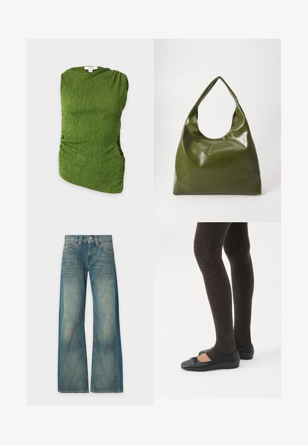 Haut vert sans manches texturé avec un col rond et des côtés froncés, présenté sur un fond clair et plat.; Jean en denim bleu à lavage délavé, taille haute, jambes larges, bouton et fermeture éclair devant, cinq poches, présenté sur un fond uni.; Jambes portant des leggings côtelés foncés associés à des ballerines noires avec de petits détails en nœud sur fond blanc.; Sac hobo en cuir vert au design décontracté, avec une poignée incurvée et une texture lisse. Ne contient aucun matériel ou accent visible.