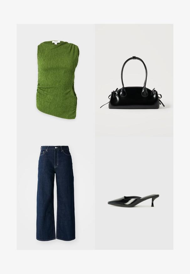 Haut vert sans manches texturé avec un col rond et des côtés froncés, présenté sur un fond clair et plat.; Jeans en denim bleu foncé à jambes larges avec des coutures contrastées, un design à cinq poches et une fermeture à bouton à la taille.; Mules en cuir verni noir avec un bout pointu, un petit talon et des côtés courbés, présentant une finition brillante et un design minimaliste.; Petit sac à main noir brillant avec deux longues anses et des détails à cordon sur les côtés sur un fond clair uni.