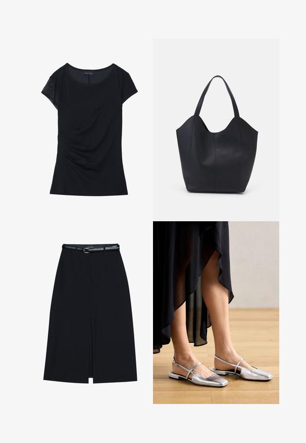 Haut noir à manches courtes en tissu doux, avec un panneau texturé sur une épaule, un design asymétrique et des détails froncés sur le côté.; Jupe noire à mi-cuisse avec une fente frontale, fabriquée en tissu lisse. Comprend une fine ceinture noire avec une boucle en argent et des passants.; Chaussures plates métalliques argentées avec un design à bout carré, une lanière arrière et des accents découpés. Texture lisse sur un sol en bois.; Sac fourre-tout noir en cuir lisse, doté d'un haut ouvert et courbé avec deux brides d'épaule et un design minimaliste.