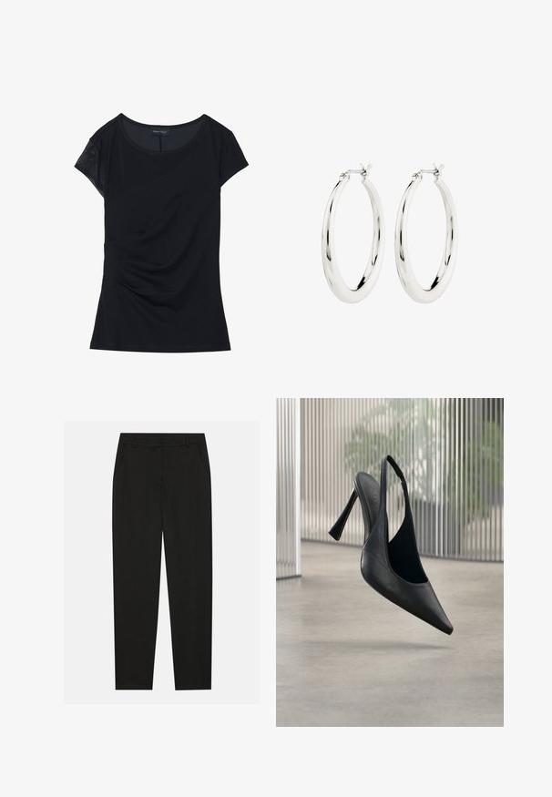 Schwarzes Kurzarmoberteil aus weichem Stoff, mit einem strukturierten Einsatz an einer Schulter, asymmetrischem Design und Raffung an der Seite.; Schwarze Hosen mit taillierter Passform, ausgestattet mit seitlichen Taschen und geradem Bein. Hergestellt aus glattem, leichtem Stoff mit einem eleganten Finish.; Schwarzer Leder Slingback-Stiletto mit spitzer Schuhspitze, schwebt über einem glatten Betonboden und einem vertikalen Metallpaneel im Hintergrund.; Silberne Creolen mit einer glatten, glänzenden Oberfläche. Kreisform, ausgestattet mit einem sicheren Verschluss. Einfaches und elegantes Design.