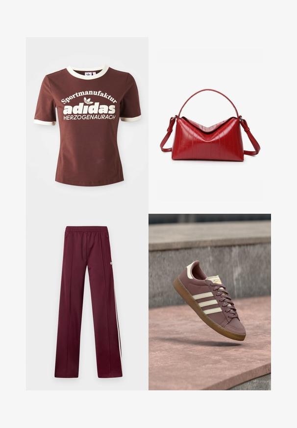 Bruine t-shirt met korte mouwen, voorzien van een crèmekleurige kraag en manchetten. Heeft grote witte tekst met de opdruk "Sportmanufactur adidas Herzogenaurach."; Wijnrode trainingsbroek met elastische tailleband, zijzakken met rits, witte zijstrepen en een klein wit Adidas-logo op de rechterdij.; Roze leren sneaker met beige accenten, voorzien van drie witte strepen, een ronde neus, een bruine rubberen zool en veters. Klassiek ontwerp met stiksel details.; Rode handtas gemaakt van glanzend materiaal met een gestructureerde vorm. Voorzien van een gebogen handvat, een verstelbare riem en verticale, geperste patronen.