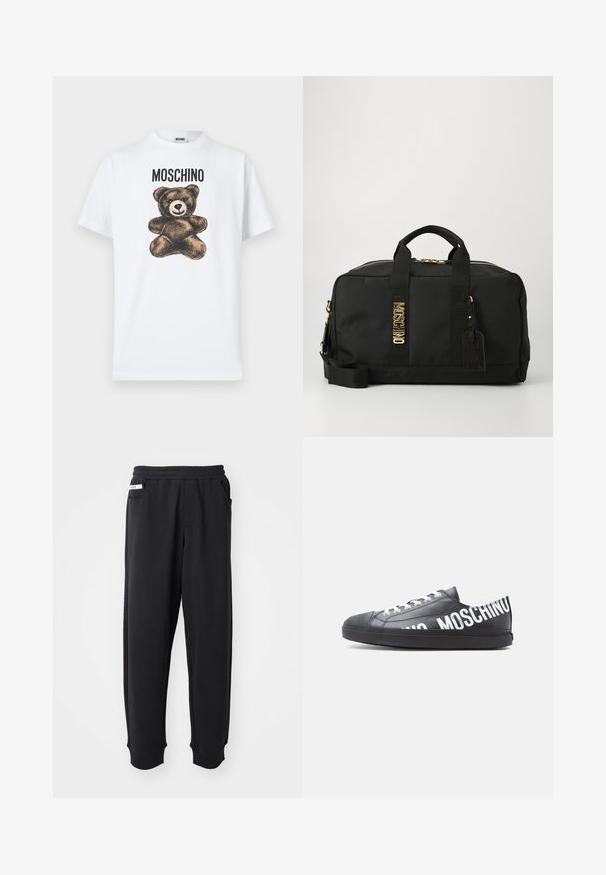 T-shirt en coton blanc avec un graphisme d'un ours en peluche marron aux grands yeux et bouche cousue, étiqueté "MOSCHINO" en texte noir gras.; Pantalons de survêtement noirs en tissu doux, avec une taille élastique, des poches latérales et des poignets côtelés aux chevilles. Design minimaliste.; Baskets basses noires avec des lacets blancs et "MOSCHINO" imprimé en grandes lettres blanches sur le côté et le talon.; Sac de sport noir en nylon avec quincaillerie dorée, double poignées, bandoulière amovible et détail de logo sur le côté.