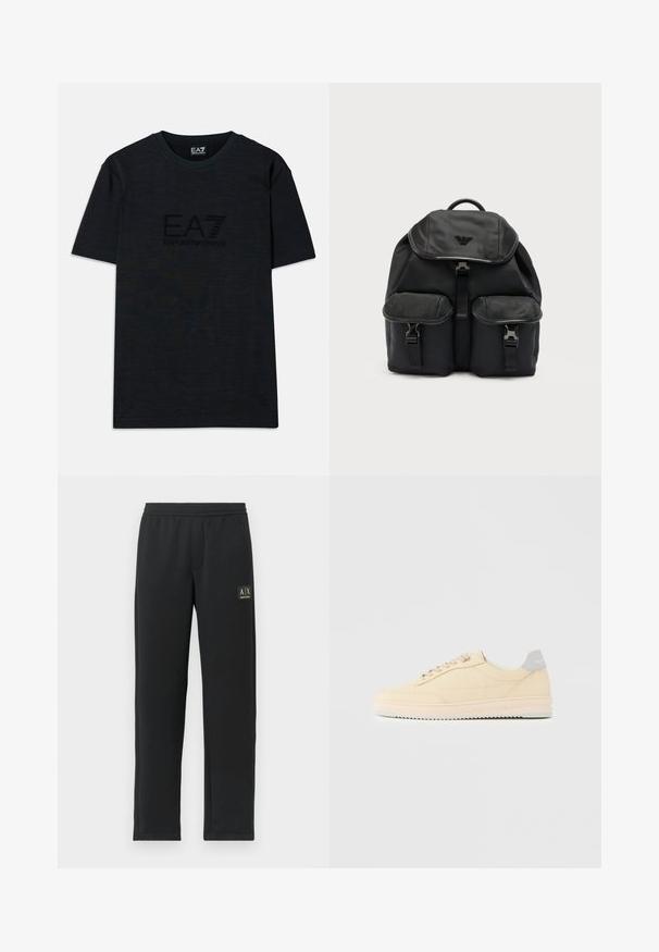 Čierne bavlnené tričko s krátkymi rukávmi, má okrúhly výstrih a na prednej strane jemne embosované logo EA7 Emporio Armani.; Čierne teplákové nohavice s rovnými nohavicami, elastickým pásom a čiernym nášivkou loga na hornej ľavej stehne.; Béžová teniska s nízkym strihom, s predným zaväzovaním na šnúrky, svetloružovou podrážkou a sivým pätovým pásikom s logom „Filling Pieces“, zobrazená z profilu na jednoduchom pozadí.; Čierny textilný batoh s horným chlopňovým uzáverom, dvoma prednými vreckami so sponou a logom na chlopni na jednoduchom svetlom pozadí.