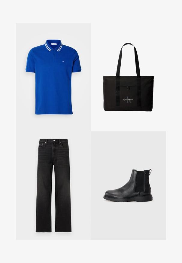 Polo bleu en coton, doté d'une patte de boutonnage à trois boutons, d'un col rayé blanc et d'un logo brodé sur la poitrine.; Jean noir droit avec cinq poches, passants pour ceinture et fermeture par bouton, présenté sur un fond blanc.; Bottes Chelsea en cuir noir avec une finition texturée, des panneaux latéraux élastiques et une semelle en caoutchouc robuste. Branding subtil sur le talon.; Sac cabas noir Calvin Klein avec deux longues poignées et une poche avant, avec le logo de la marque en blanc et gris.