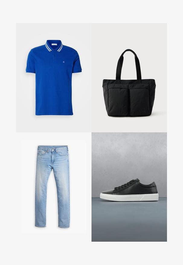 Blå polo skjorte lavet af bomuld, med en tre-knaps lukning, stribet krave i hvid, og et broderet logo på brystet.; Lyseblå denimjeans med lige snit, fem lommer og knaplukning. Har subtilt slid og orange syninger som detaljer.; Sorte lædersneakers med rund tå, tekstureret overflade, hvid gummisål og sorte snørebånd. Minimalistisk design med en slank profil.; Sort tote bag med blødt stof, to forlommer og robuste håndtag. Logo vist på siden. Enkel, funktionel design.