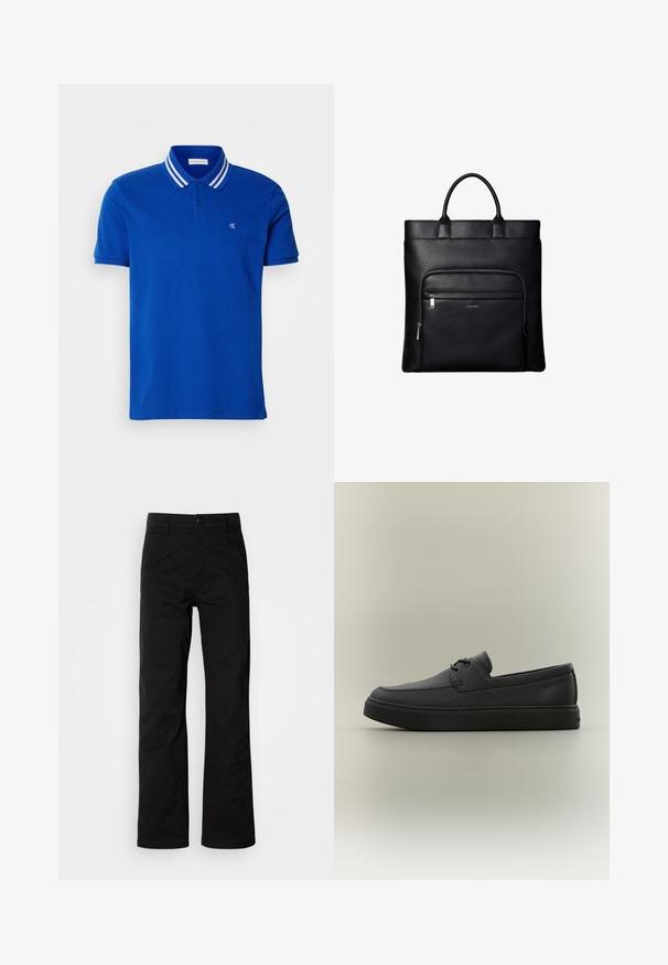 Polo bleu en coton, doté d'une patte de boutonnage à trois boutons, d'un col rayé blanc et d'un logo brodé sur la poitrine.; Pantalons en coton noir avec une coupe droite, dotés d'une fermeture à bouton et de passants de ceinture. Texture lisse et style minimaliste sans motifs visibles.; Mocassin décontracté en cuir noir avec des détails de laçage et une semelle en caoutchouc épaisse, présenté de profil sur un fond neutre.; Sac cabas en cuir noir avec anses supérieures et poche avant zippée portant un petit logo Calvin Klein sur la poche.