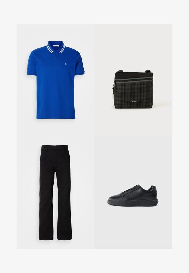 Polo bleu en coton, doté d'une patte de boutonnage à trois boutons, d'un col rayé blanc et d'un logo brodé sur la poitrine.; Pantalons en coton noir avec une coupe droite, dotés d'une fermeture à bouton et de passants de ceinture. Texture lisse et style minimaliste sans motifs visibles.; Baskets noires avec une tige en cuir lisse, bout rond, fermeture à lacets, détail de talon texturé et semelle en caoutchouc épaisse.; Sac bandoulière Calvin Klein noir et gris avec motif à carreaux, poche zippée à l'avant et bandoulière réglable sur fond blanc.
