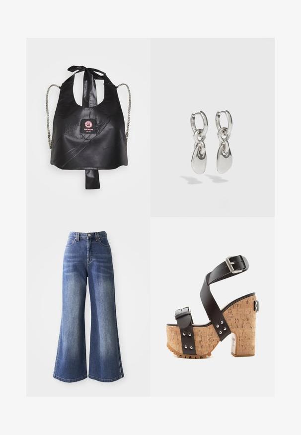 Bolso negro de imitación piel con un diseño recortado, superficie texturizada, correas de cadena plateadas y un parche de logo rosa en el centro.; Jeans de denim de pierna ancha en azul medio, con una cintura alta, diseño de cinco bolsillos y costuras en contraste a lo largo de los dobladillos y los lados.; Sandalia plataforma con tacón de bloque de corcho, tiras cruzadas de cuero marrón, hebillas plateadas y tachuelas metálicas sobre fondo blanco.; Pendientes de aro de plata con enlaces ovalados alargados, con un acabado pulido y un colgante con textura. Diseño sencillo con bordes suaves.