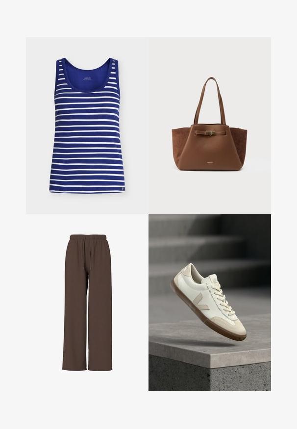 Débardeur sans manches à rayures horizontales bleues et blanches, avec encolure dégagée et petit logo métallique sur l'ourlet inférieur.; Pantalon large marron avec taille élastique et cordon, présenté sur un fond blanc uni. Aucun logo ou motif visible.; Baskets blanches et beige avec semelle gomme flottant au-dessus d'une surface en béton gris avec des escaliers flous en arrière-plan.; Sac fourre-tout marron combinant des textures lisses et en daim, présentant une forme rectangulaire, des poignées doubles et un accent décoratif en or sur le devant.