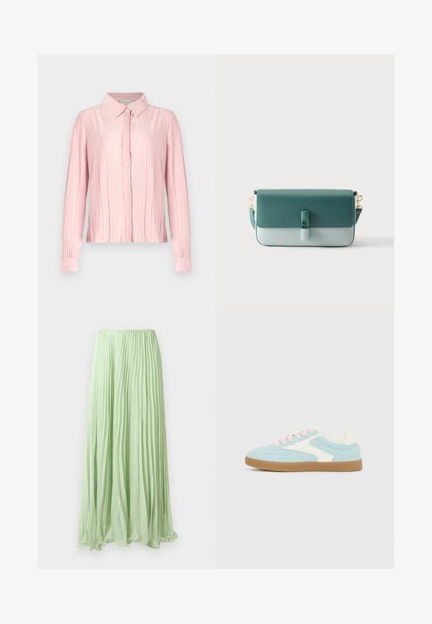 Vaaleanpunainen pitkähiha blouse, jossa on kauluskanta, pleisikuvio ja nappisuljenta. Sujuva kangas, jossa on kontrastiväriset hihansuut.; Vaaleanvihreä laskostettu pitkä hame, jossa on lentävä kangas ja joustava vyötärö, esitelty valkoista taustaa vasten.; Vaaleansininen ja valkoinen lenkkari, jossa vaaleanpunaiset nauhat ja ruskea kumipohja, sivuprofiili yksinkertaisella vaaleanharmaalla taustalla.; Suorakaide kaksi sävyä vihreää nahkalaukku läpän suljinnalla, etusoljella ja irrotettavalla olkahihnalla, jossa kultaiset lukot.