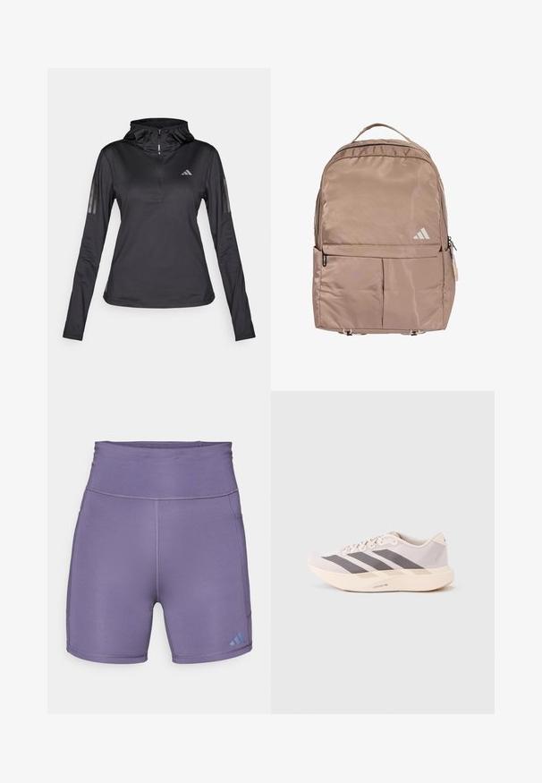 Sudadera atlética negra de manga larga con Media cremallera, tejido texturizado, capucha ajustable y franjas reflectantes en las mangas. Presenta un logotipo en el pecho.; Pantalones cortos deportivos de color púrpura con una cintura alta, textura suave y un logo azul en contraste en la parte inferior izquierda. Presentan costuras planas.; Zapatillas deportivas ligeras en rosa pálido y gris, con una parte superior de malla, tres franjas oscuras y una suela gruesa color crema con la etiqueta "LIGHTSTRIKE PRO".; Mochila sintética beige con una textura suave, bolsillo frontal horizontal, correas ajustables y un logo sutil en la parte delantera.