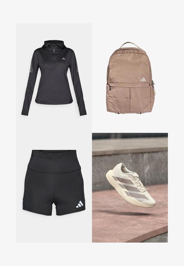 Sudadera atlética negra de manga larga con Media cremallera, tejido texturizado, capucha ajustable y franjas reflectantes en las mangas. Presenta un logotipo en el pecho.; adidas Performance Leggings - black; Zapatilla de correr color crema con rayas topo flotando sobre una superficie de baldosas rojo pardusco y un fondo de piedra gris.; Mochila sintética beige con una textura suave, bolsillo frontal horizontal, correas ajustables y un logo sutil en la parte delantera.