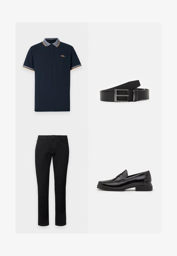Navyblauw polo-shirt van katoen, met een kraag in grijs, oranje accenten en een drievoudige knoopsluiting. Geborduurd logo van 1962.; TOM TAILOR TTJOSH REGULAR SLIM FIT - Jeans Tapered Fit - black denim; Zwarte leren instappers met een afgeronde neus, voorzien van een gestikte detail over de wreef, en een lage blokhak. Glad textuur en glanzende afwerking.; Zwarte leren riem met een rechthoekige zilveren metalen gesp, vlak ontwerp en een gladde textuur. De uiteinden zijn taps toelopend voor gemakkelijke threading.