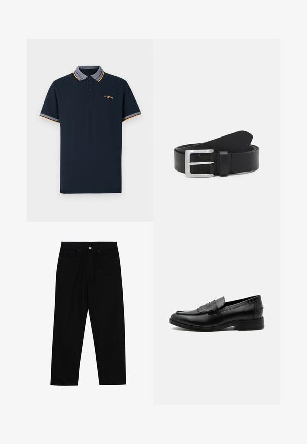 Dunkelblaues Polohemd aus Baumwolle, mit einem Kragen in Grau und orangefarbigen Akzenten sowie einer Knopfleiste mit drei Knöpfen. Besticktes 1962-Logo.; Schwarze Jeans mit geradem Bein, zwei vorderen Taschen, Knopfleiste und dezenten Steppnähten.; Schwarzer Leder-Herrenloafer mit Quasten-Detail, abgerundeter Spitze, niedrigem Absatz und glatter, polierter Oberfläche, von der Seite auf weißem Hintergrund dargestellt.; Schwarzer Leder Gürtel mit glatter Textur, silberner rechteckiger Schnalle und einer Schlaufe für das Ende. Verfügt über eine saubere Naht entlang der Kanten.