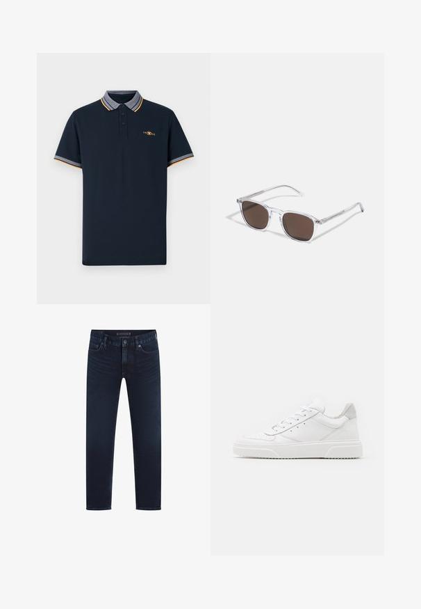 Navyblauw polo-shirt van katoen, met een kraag in grijs, oranje accenten en een drievoudige knoopsluiting. Geborduurd logo van 1962.; Donkerblauwe denim jeans met een rechte pasvorm, voorzien van een klassieke vijf-pocketontwerp, knoopsluiting en subtiele vervaging op de benen.; Witte leren sneakers met een gladde afwerking, ronde neus, platte veters en een gestructureerde zool. Grijze suède accent bij de hiel.; Heldere plastic zonnebril met rechthoekige bruine lenzen, voorzien van dunne, doorzichtige veren en metalen accenten op de sleep.