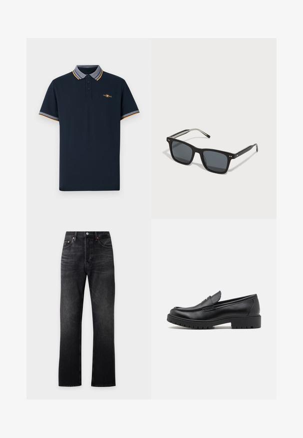 Dunkelblaues Polohemd aus Baumwolle, mit einem Kragen in Grau und orangefarbigen Akzenten sowie einer Knopfleiste mit drei Knöpfen. Besticktes 1962-Logo.; Schwarze Jeans mit geradem Bein, vorderen Taschen und Gürtelschlaufen, flach auf einem hellen Hintergrund ausgelegt.; Schwarze Lederloafers mit runder Zehenform, eleganter Schlupfdesign und dicker Gummisohle mit strukturiertem Griff. Erhöhter Absatz und dezente Nähdetails.; Schwarze quadratische Sonnenbrillen mit dunklen Gläsern, Kunststoffrahmen, metallischen Akzenten und dem charakteristischen Logo am Bügel. Elegantes Design mit modernem Aussehen.