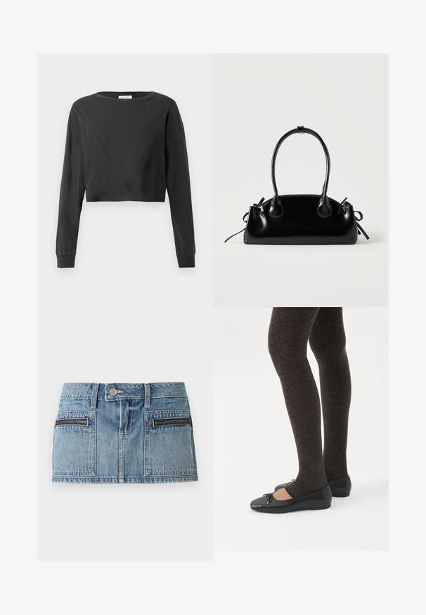 Camisa negra de manga larga recortada con cuello redondo y puños acanalados sobre un fondo blanco.; Minifalda de denim azul claro con botones delanteros, cremallera, dos bolsillos frontales con cierre de cremallera y trabillas para cinturón.; Piernas con leggings oscuros acanalados combinados con bailarinas negras que presentan pequeños detalles de lazo sobre un fondo blanco.; Pequeño bolso negro brillante con dos asas largas y detalles de cordón lateral sobre un fondo claro liso.