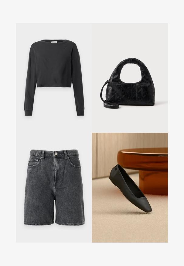 Camisa negra de manga larga recortada con cuello redondo y puños acanalados sobre un fondo blanco.; Pantalones cortos de mezclilla negra con bucles para cinturón, botón frontal, cierre con cremallera y diseño clásico de cinco bolsillos.; Zapato plano negro de punta afilada descansando sobre una alfombra beige cerca de una mesa redonda de color ámbar en un entorno de habitación minimalista.; Bolso de mano de piel negra con un asa curva en la parte superior, un sutil patrón de diamantes y una correa desmontable. La textura es suave con detalles en relieve.