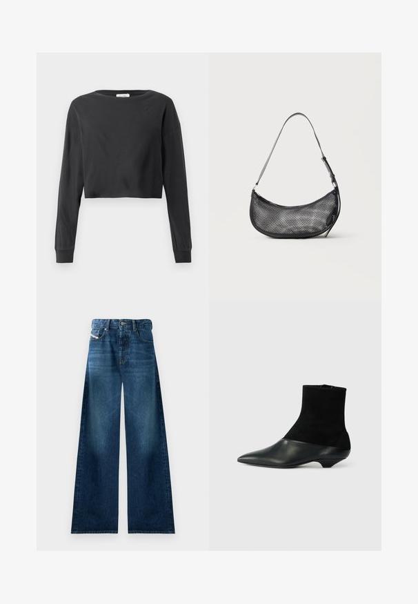 Schwarzes, kurz geschnittenes Langarmshirt mit rundem Ausschnitt und gerippten Bündchen auf einem weißen Hintergrund.; Weite Jeans aus Denim in dunkler Waschung. Verfügt über ein traditionelles Fünf-Taschen-Design, einen Knopfverschluss und leichte Ausbleichungen an den Oberschenkeln.; Schwarze Knöchelstiefel mit einem strukturierten Wildleder-Obermaterial und einer glatten Lederzehe. Verfügt über eine spitze Zehenform und ein einzigartiges Design mit niedrigem Keilabsatz.; Kleine schwarze Netz-Schultertasche in Halbmondform mit verstellbarem dünnem Riemen vor schlichtem, hellem Hintergrund.