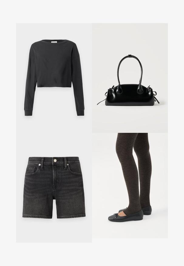 Sort cropped langærmet skjorte med rund hals og ribbede manchetter på hvid baggrund.; Sorte denimshorts med et klassisk femlomme-design, der har en frontknaplukning og let falmning for tekstur.; Ben iført mørke ribbede leggings kombineret med sorte balletsko med små sløjfedetaljer på hvid baggrund.; Lille sort blank håndtaske med to lange håndtag og snøre-detaljer i siden på en ensfarvet lys baggrund.