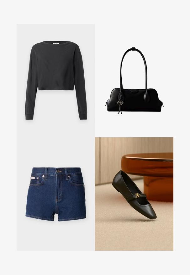 Schwarzes, kurz geschnittenes Langarmshirt mit rundem Ausschnitt und gerippten Bündchen auf einem weißen Hintergrund.; Dunkelblaue Denim-Shorts mit vorderer Knopfleiste, Gürtelschlaufen und Taschen, präsentiert vor hellem Hintergrund.; Schwarzer flacher Lederschuh mit spitzer Kappe und goldenem CK-Logo auf dem Riemen, auf beigem Teppich neben einem runden bernsteinbraunen Tisch platziert.; Schwarze Lederhandtasche von Calvin Klein mit langen Henkeln, einem vorderen Logo-Tag und einem silbernen geometrischen Anhänger, der an einem Henkel hängt.