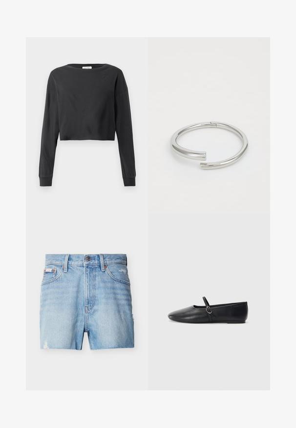 Schwarzes, kurz geschnittenes Langarmshirt mit rundem Ausschnitt und gerippten Bündchen auf einem weißen Hintergrund.; Hellblaue Jeansshorts mit vorderer Knopfleiste, Gürtelschlaufen, zwei Vordertaschen und leicht zerstörten Details an den Seiten und am Saum.; Schwarze Leder-Ballettschuhe mit spitzem Schuhzeug, flacher Sohle und einem kleinen Riemen mit silberner Schnalle.; Calvin Klein SPIRAL - Armband - silver-coloured