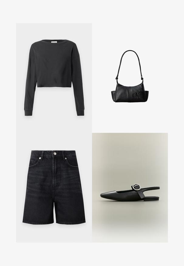 Schwarzes, kurz geschnittenes Langarmshirt mit rundem Ausschnitt und gerippten Bündchen auf einem weißen Hintergrund.; Schwarze Denim-Shorts mit hoher Taille, Fronttaschen und einem silbernen Knopfverschluss. Glatte Textur mit dezenten Verwaschungen.; Schwarzer spitzer flacher Slingback-Schuh mit silberner Schnalle und niedrigem Absatz auf neutralem Hintergrund.; Schwarze Leder-Schultertasche mit langem Träger, Seitentaschen und eingeprägtem Calvin Klein-Logo auf der Vorderseite.