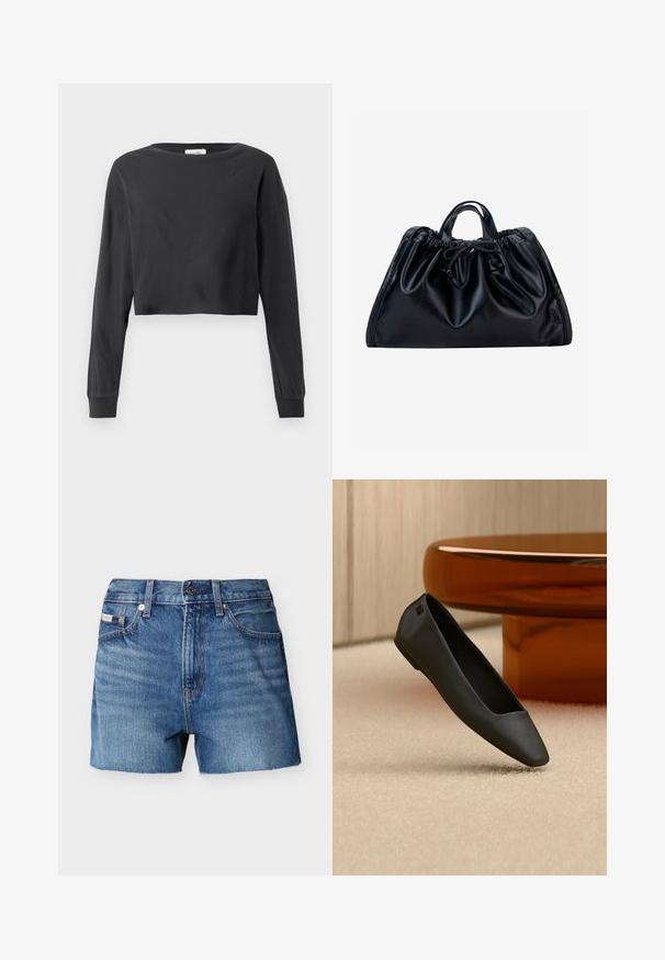 Schwarzes, kurz geschnittenes Langarmshirt mit rundem Ausschnitt und gerippten Bündchen auf einem weißen Hintergrund.; Blaue Denim-Shorts mit Knopfverschluss, Gürtelschlaufen, vorderen Taschen und einem kleinen Calvin Klein-Label auf der rechten Tasche.; Schwarzer spitzer flacher Schuh, der auf einem beigen Teppich in der Nähe eines runden bernsteinfarbenen Tisches in einem minimalistischen Raum liegt.; Schwarze Lederhandtasche mit gerafftem oberen Teil, kurzen Doppelgriffen und einer gebundenen Kordelverschluss vorne in der Mitte vor weißem Hintergrund.