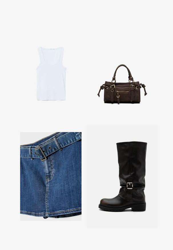 Hvid ærmeløs tanktop med rund halsudskæring, lagt fladt på en hvid baggrund.; Blå denim mininederdel med bæltestropper og et matchende denim bælte med en rektangulær metalspænde.; Høj sort læderstøvle med rund tå, lav hæl, sidelukningsrem og let slapt skaft på hvid baggrund.; Mørkebrun læderhåndtaske med dobbelte håndtag, forreste lynlåslomme, dekorative spænder og sideknuder på hvid baggrund.