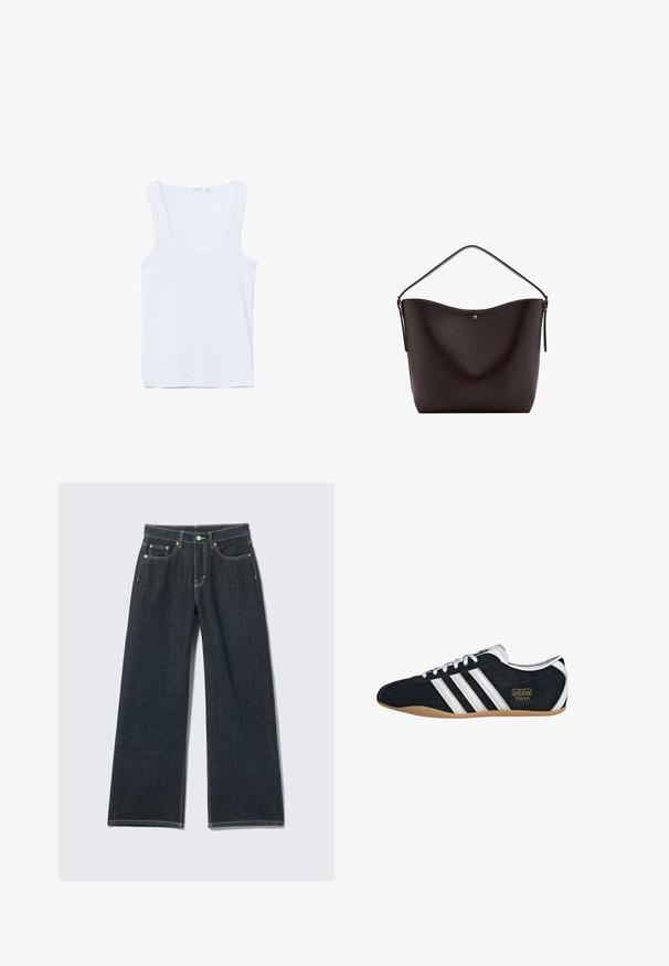 Débardeur blanc sans manches avec encolure dégagée, posé à plat sur un fond blanc.; Jean large à jambes larges bleu foncé avec bouton devant, fermeture éclair, passants pour ceinture et style cinq poches sur un fond clair uni.; Sneakers en suede noir avec trois bandes blanches, logo doré et semelle en caoutchouc marron. Présente un design à lacets à profil bas.; Sac à bandoulière en cuir marron foncé avec une seule sangle et un petit bouton doré au centre devant.