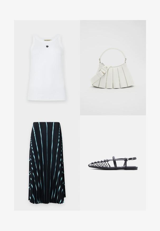 Witte mouwloze tanktop van katoen, met een ronde halslijn en een klein zwart berenlogo in het midden. Soepele textuur.; Zwarte geplooide rok met lichtblauwe diagonale strepen. Gemaakt van lichte, gestructureerde stof. Valt tot halverwege de kuit zonder zichtbare sluitingen.; Zwarte platte sandaal met meerdere dunne bandjes, een enkelfiguur met gesp en een open-toe kooi-ontwerp op een witte achtergrond.; Lacoste LENGLEN BAG - Handtas - cristalline