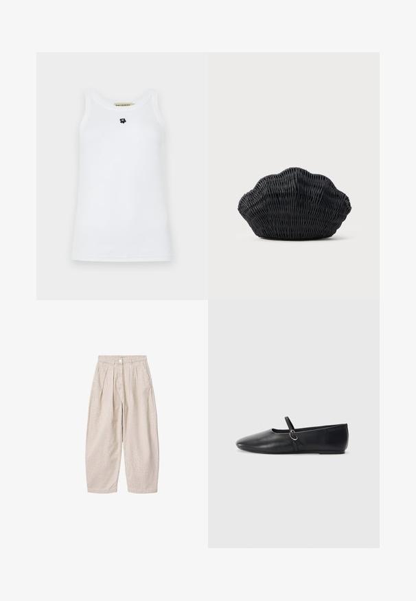 Camiseta sin mangas blanca de algodón, con un escote redondo y un pequeño logo de un oso negro en el centro. Textura suave.; Pantalones beige de talle alto con estampado de leopardo sutil, piernas anchas, pinzas delanteras, bolsillos laterales, trabillas para cinturón y cierre con botón en la cintura.; Bailarinas de cuero negro con punta afilada, suela plana y una pequeña correa con detalle de hebilla plateada.; Bolso de mimbre negro con forma de concha de vieira con parte superior curva y textura tejida sobre un fondo liso.