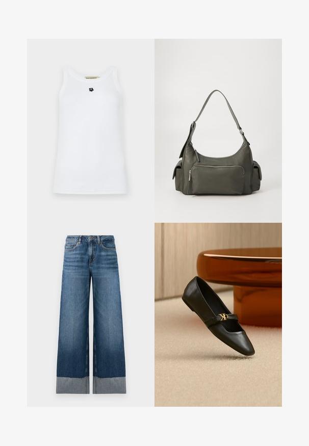 Witte mouwloze tanktop van katoen, met een ronde halslijn en een klein zwart berenlogo in het midden. Soepele textuur.; Brede jeans in blauw met een verloop van donker naar lichter denim, voorzien van een rafelzoom en subtiele stiksels. Klassiek vijfzakkenontwerp.; Zwarte leren platte schoen met puntige neus en gouden CK-logo op het bandje, geplaatst op een beige tapijt bij een ronde amberbruine tafel.; Groene leren schoudertas met een gebogen ontwerp, met een ritsvak aan de voorkant en extra zijvakken. Gladde textuur en minimale hardware.