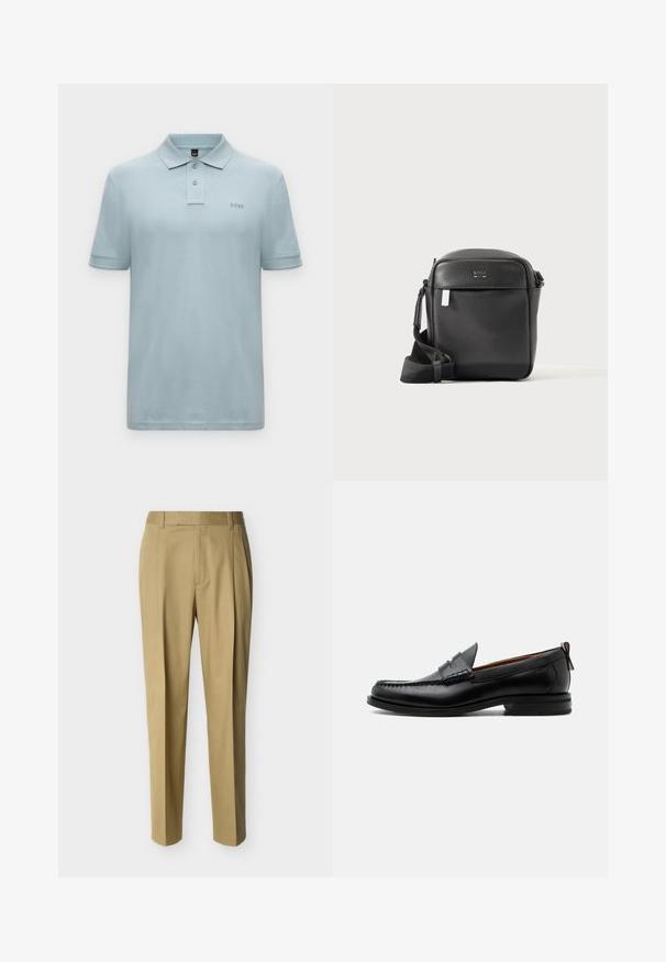 Polo bleu clair à manches courtes avec deux boutons, col et petit logo "BOSS" sur le côté gauche de la poitrine.; Pantalon beige ajusté avec passants de ceinture et pli frontal, présenté sur un fond clair uni.; Mocassin homme en cuir noir avec couture moc toe, bride penny, col texturé et petit talon empilé sur fond blanc.; Sac bandoulière en cuir noir texturé avec poche avant et sangle réglable, présenté sur un fond clair uni.