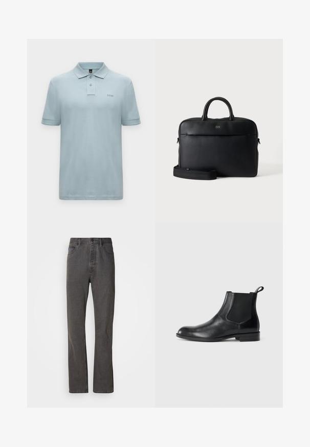 Polo bleu clair à manches courtes avec deux boutons, col et petit logo "BOSS" sur le côté gauche de la poitrine.; Jeans en denim gris avec une coupe droite, dotés de poches avant, d'une fermeture à bouton et d'une texture subtile.; Bottine en cuir noir avec des panneaux latéraux élastiques, bout rond et tirette. Texture lisse, semelle plate, design minimaliste.; Serviette en cuir noir texturé avec poignées supérieures et bandoulière amovible, montrant un petit logo avant sur fond gris neutre.