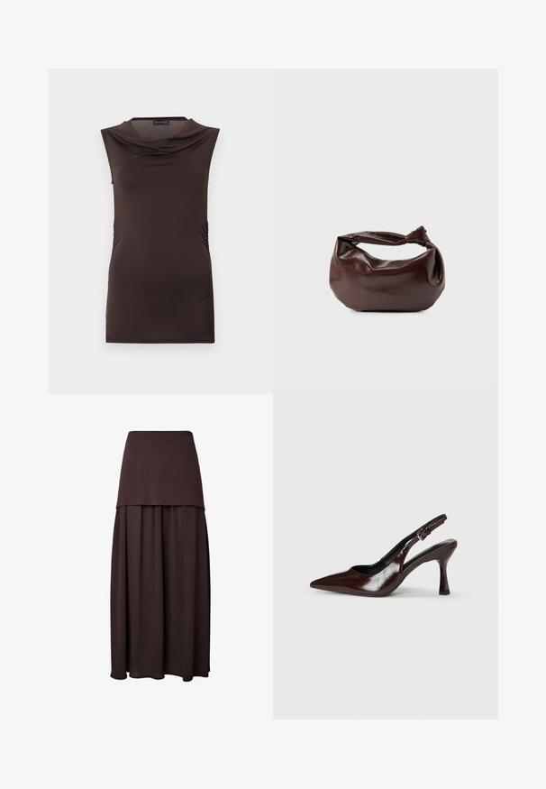 Haut sans manches pour femme de couleur brun foncé avec un décolleté drapé et un léger froncé sur les côtés, présenté sur un fond uni.; Jupe maxi marron foncé avec une ceinture côtelée ajustée et un tissu plissé fluide sous la taille.; Talons slingback en cuir verni brun avec un bout pointu, un talon fin, et une sangle réglable avec une petite boucle.; Sac bandoulière en cuir marron foncé avec une forme souple et décontractée et une anse nouée torsadée sur un fond blanc uni.