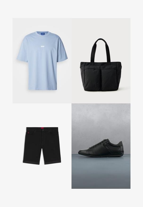 Helles blaues T-Shirt mit kurzen Ärmeln aus Baumwolle, mit Rundhalsausschnitt und einem weißen rechteckigen Logo auf der Vorderseite in der Mitte.; Schwarze Jeansshorts mit umgeschlagenen Säumen, vorderem Knopf- und Reißverschluss sowie einem Fünf-Taschen-Design mit einem kleinen roten Etikett an der rechten Tasche.; Schwarze Leder-Sneaker mit niedrigem Profil, abgerundeter Spitze, perforierter Textur und schwarzen Schnürsenkeln. Mit einem dezenten Logo an der Seite.; Schwarze Tragetasche aus weichem Stoff, mit zwei vorderen Taschen und stabilen Tragegriffen. Logo an der Seite angebracht. Einfaches, funktionales Design.