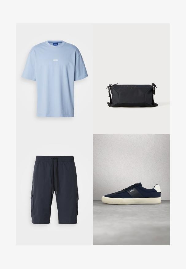Lyseblå kortærmet t-shirt lavet af bomuld, med rund hals og et hvidt rektangulært logo i midten foran.; Marine cargo shorts med elastisk talje, snor i fronten, sidelommer og glat tekstur. Holdbart stof velegnet til afslappet brug.; Marineblå BOSS-sneaker med hvid sål og hældetalje, sorte snørebånd, placeret i luften mod en grå gulv- og glasvæg.; Sort nylon pose med struktureret stof, der har en top lynlåslukning og logo detalje. Kompakt design med sideclips. Måler cirka 30 cm.