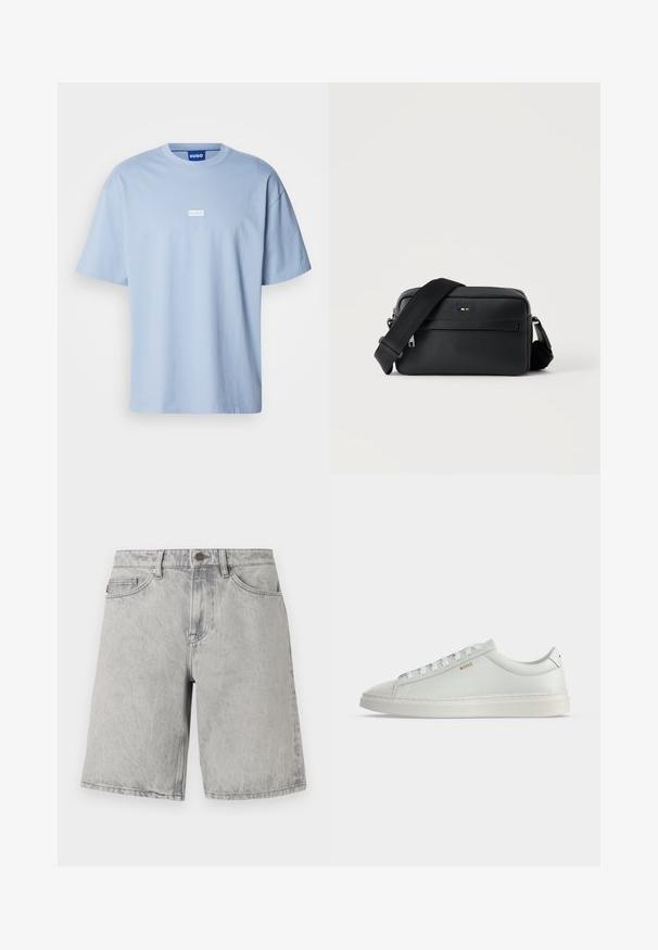 Helles blaues T-Shirt mit kurzen Ärmeln aus Baumwolle, mit Rundhalsausschnitt und einem weißen rechteckigen Logo auf der Vorderseite in der Mitte.; Hellgraue Jeansshorts mit Knopf- und Reißverschluss, Gürtelschlaufen und Vordertaschen, vor weißem Hintergrund dargestellt.; Weißer Leder-Sneaker in niedriger Ausführung mit Schnürsenkeln, flacher Sohle und kleinem goldfarbenem "BOSS" Logo an der Seite, von der Außenseite betrachtet.; Schwarze, strukturierte Leder-Crossbody-Tasche mit vorderer Reißverschlusstasche und verstellbarem breitem Stoff-Schulterriemen auf weißem Hintergrund.