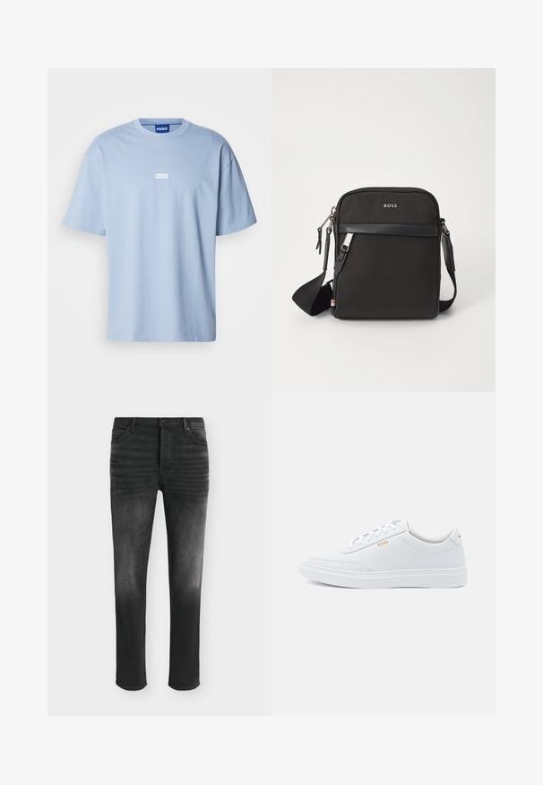 Helles blaues T-Shirt mit kurzen Ärmeln aus Baumwolle, mit Rundhalsausschnitt und einem weißen rechteckigen Logo auf der Vorderseite in der Mitte.; Schwarze Skinny-Jeans mit ausgebleichten Details, Fünf-Taschen-Stil und Knopfverschluss in der Taille.; Weiße Leder-Sneaker mit glatter Textur, runder Zehenpartie und tonal abgestepptem Design. Mit blauen Schnürsenkeln und einem goldenen Logo an der Seite.; Schwarze Umhängetasche aus strukturiertem Stoff, mit Logo auf der Vorderseite, Reißverschluss und verstellbarem Tragegurt. Verfügt über eine glatte Lederbesatz.