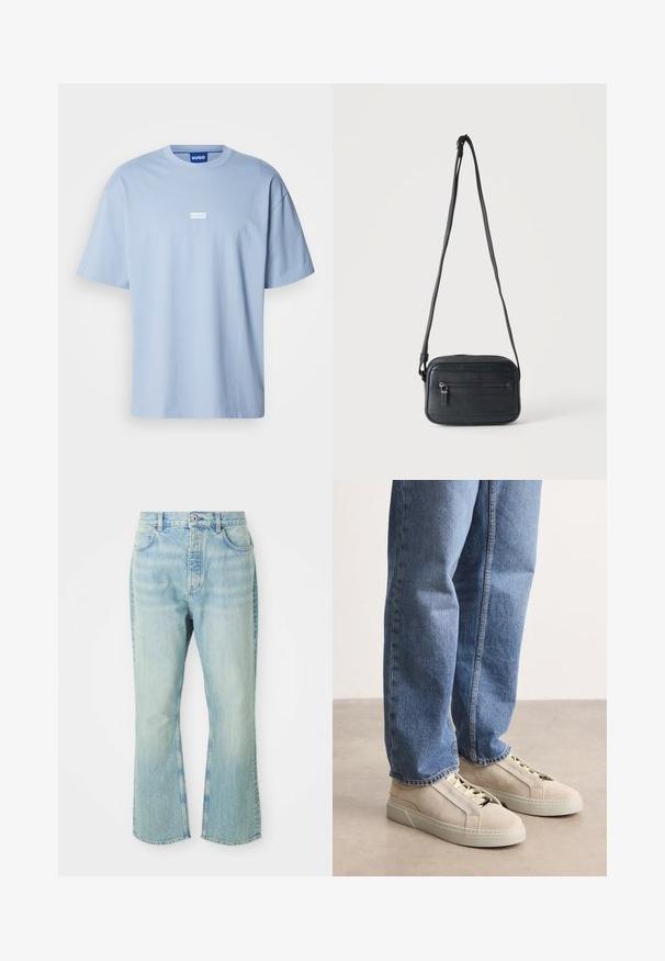 Helles blaues T-Shirt mit kurzen Ärmeln aus Baumwolle, mit Rundhalsausschnitt und einem weißen rechteckigen Logo auf der Vorderseite in der Mitte.; Hellblaue, ausgestellte Jean mit hoher Taille, ausgestattet mit fünf Taschen, Gürtelschlaufen und einem ausgewaschenen Denim-Look.; BOSS GARYTENN_SDHDEL - Sneaker low - natural ten; Schwarze Umhängetasche mit vorderer Reißverschlusstasche, strukturierter Oberfläche und verstellbarem Riemen, die vor einem schlichten hellen Hintergrund hängt.
