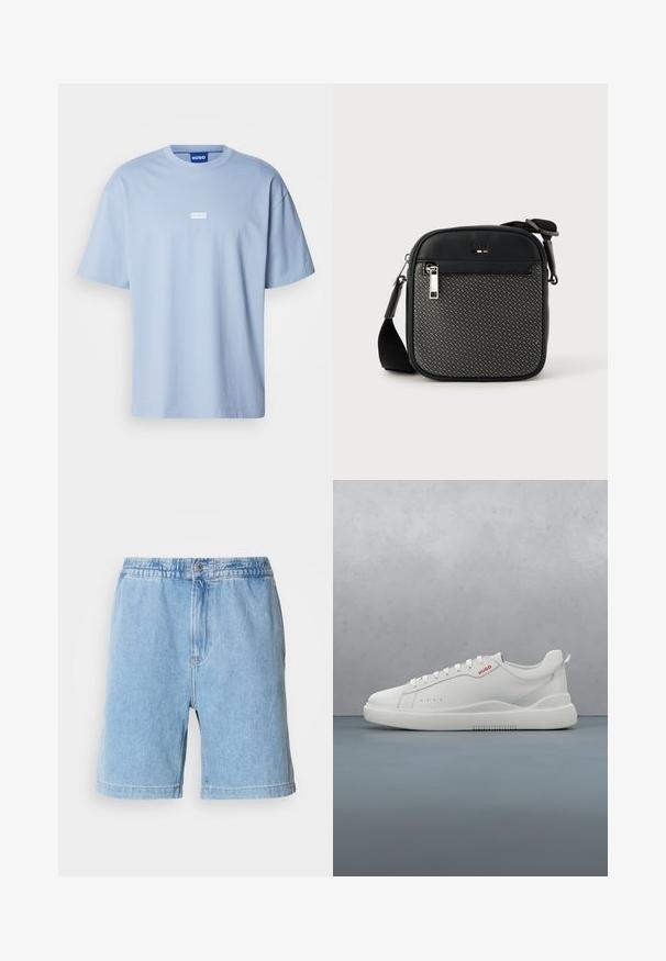 Lyseblå kortærmet t-shirt lavet af bomuld, med rund hals og et hvidt rektangulært logo i midten foran.; Lys blå denimshorts med elastisk talje, knaplukning foran, sidelommer og lige skæring. Længde til midt på låret.; Hvide sneakers med en glat læderfinish, rund tå, fire snørehuller, subtile perforeringer og en rød logo detalje på siden.; Sort skuldertaske med syntetisk læder og mønstret stof. Har lynlåslukning, justerbar rem og logodetalje på forsiden.