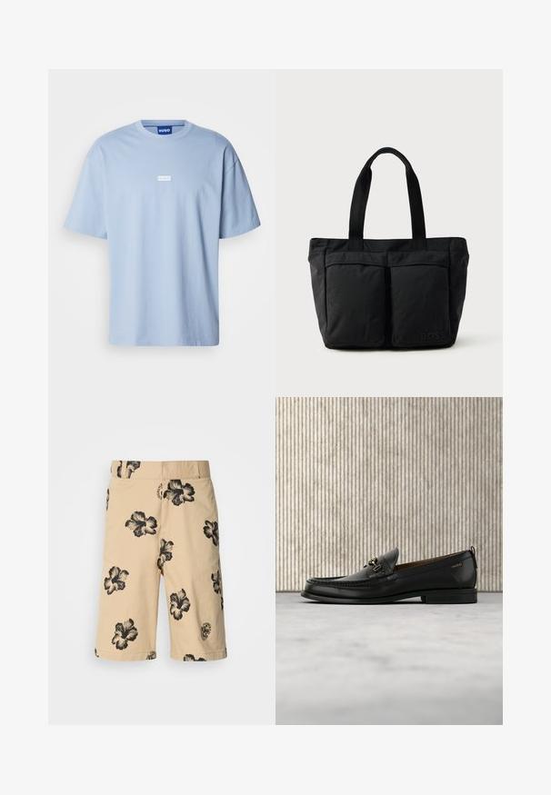Camiseta de manga corta azul claro hecha de algodón, con cuello redondo y un logo rectangular blanco en el centro del frente.; Pantalones cortos beige con un patrón floral de hibisco negro. Cuentan con una cinturilla elástica y un detalle de logo en el lado inferior. Están hechos de una tela ligera.; Mocasín de cuero negro con pieza metálica dorada y logotipo "HUGO", exhibido sobre una alfombra beige y muebles translúcidos marrones.; Bolso tote negro con una construcción de tela suave, dos bolsillos frontales y asas resistentes. Logo mostrado en el lateral. Diseño simple y funcional.