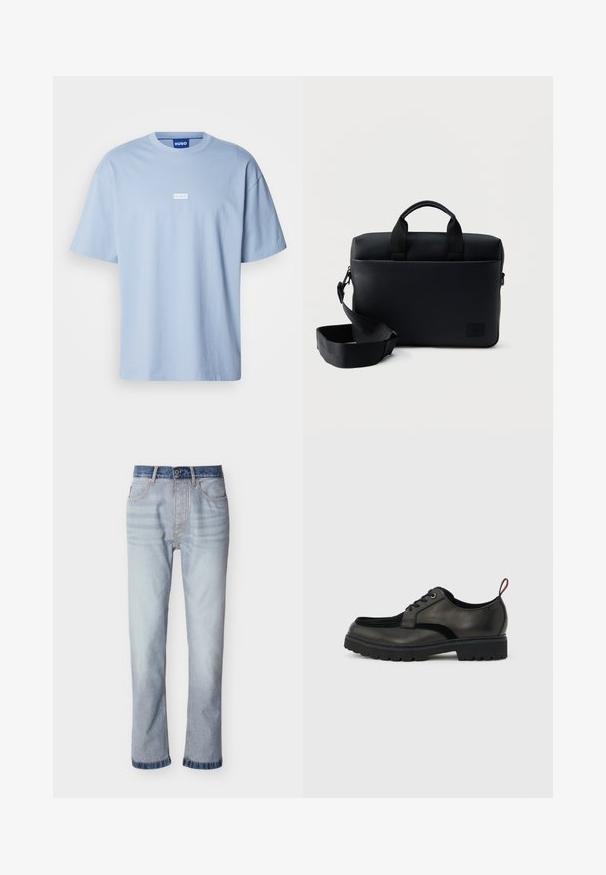 Helles blaues T-Shirt mit kurzen Ärmeln aus Baumwolle, mit Rundhalsausschnitt und einem weißen rechteckigen Logo auf der Vorderseite in der Mitte.; Hellblaue Jeans aus Denim mit einem dunkelblauen Bund, geradem Beinverlauf, fünf Taschen und sichtbaren Nahtdetails.; Schwarzer Leder-Schnürschuh mit dicker, profillierter Sohle und rotem Fersenzuglasche, seitlich auf einem hellgrauen Hintergrund dargestellt.; Schwarze Aktentasche aus strukturiertem Leder mit oberen Griffen und verstellbarem Schulterriemen, vor einem schlichten weißen Hintergrund platziert.