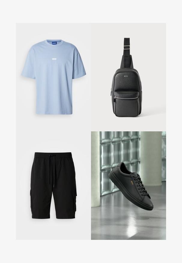 Helles blaues T-Shirt mit kurzen Ärmeln aus Baumwolle, mit Rundhalsausschnitt und einem weißen rechteckigen Logo auf der Vorderseite in der Mitte.; Schwarze Cargo-Shorts aus leichtem Material, mit elastischem Bund, Kordelzug und seitlichen Cargo-Taschen für zusätzlichen Stauraum.; Schwarzer flacher Ledersneaker mit schwarzen Schnürsenkeln und goldenem BOSS-Logo an der Seite, schwebend über einem glänzenden grauen Boden in einem modernen Innenraum.; Schwarze Leder-Umhängetasche mit verstellbarem Riemen, vorderer Reißverschlusstasche und „BOSS“-Logo auf glatter strukturierter Oberfläche.